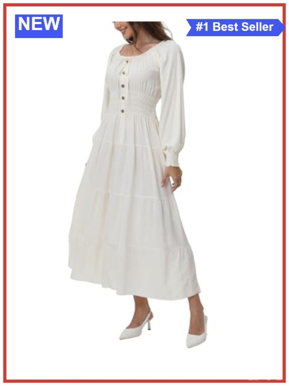 Women's Viscose Long Sleeve Square Neck Smocked High Waist A-Line Flowy Maxi